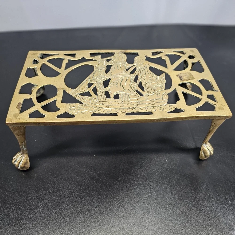 19th Century Victorian trivet, brass, bronze, galeon ship design, claw foot legs